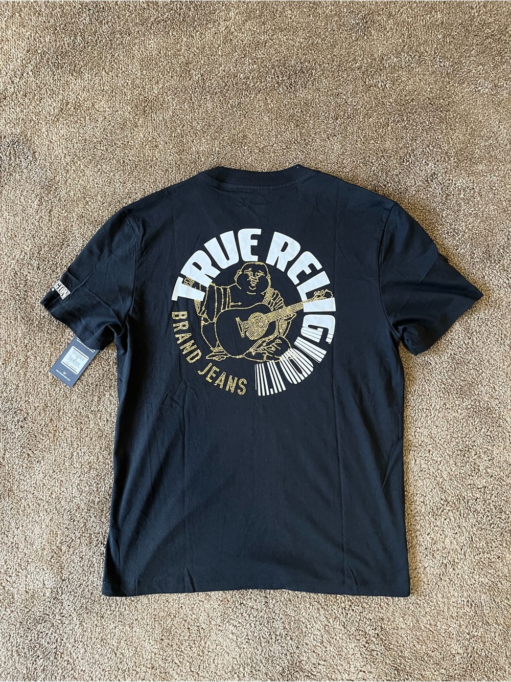 True Religion Fast Buddha SS Tee XL Jet Black Gold Rhinestone Graphic NWT